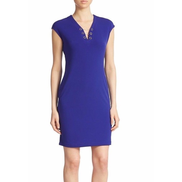 NWT Calvin Klein Jersey Shift Dress Size 10 Blue Byzantine Chain Detail $120 - Picture 1 of 10